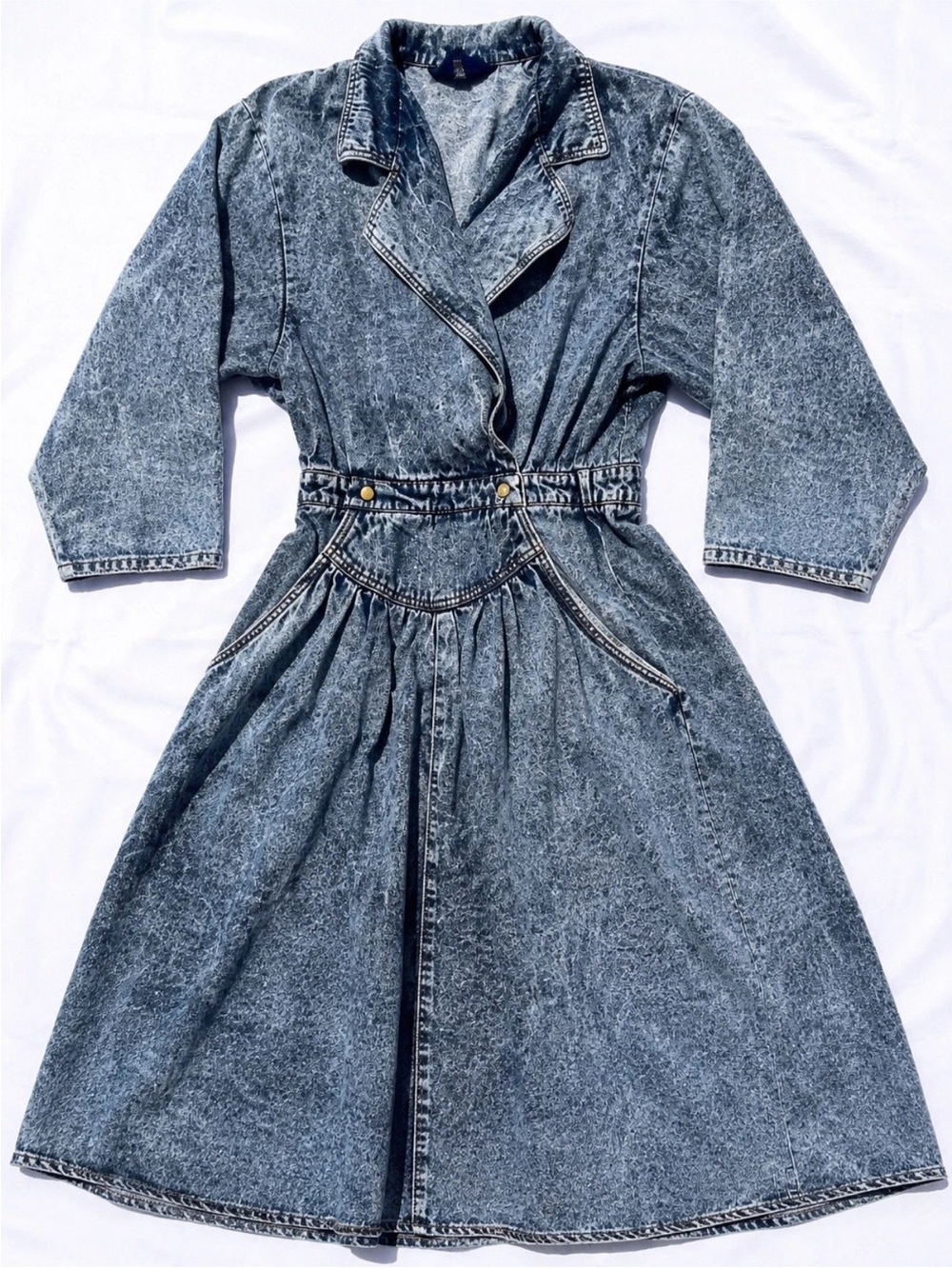 Vintage FIZZ Acid Wash Denim Dress Women’s 9/10 80s 90s Fit Flare Midi